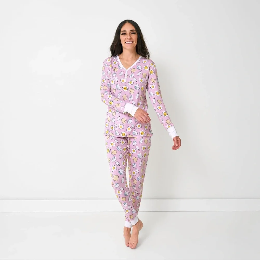 Little Sleepies Womens Pajama Set Pink Breakfast Buddies Large Bamboo - Picture 2 of 16